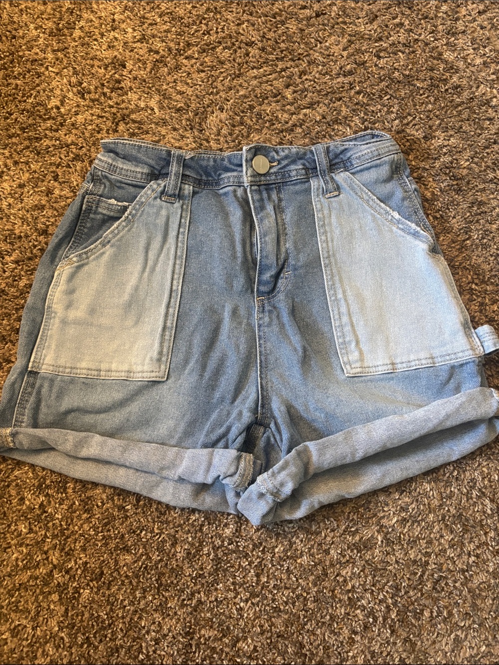 Two-Tone Light Blue High-Waist Denim Shorts